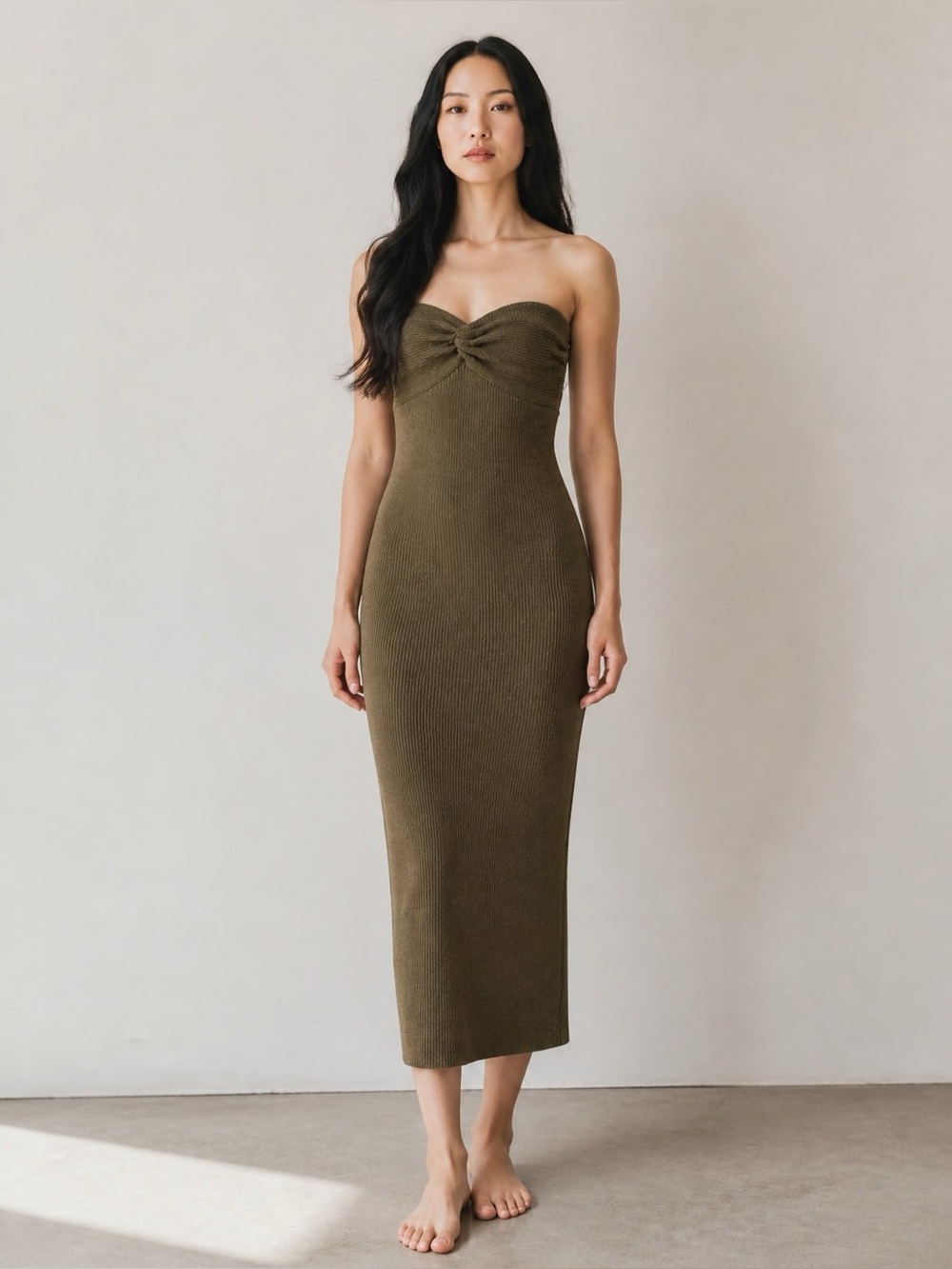 LILLUSORY Taupe Strapless Twist Front Ribbed Knit Midi Dress XS